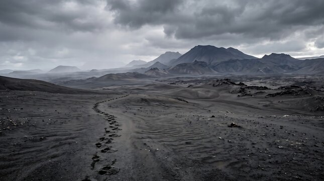 A solitary winding dirt path disappears into a desolate, moody mountain landscape under a dramatic, overcast sky, conveying a sense of adventure and isolation.