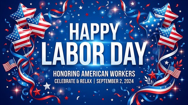 Happy labor day banner with american flags and festive blue background for celebrating american workers in september