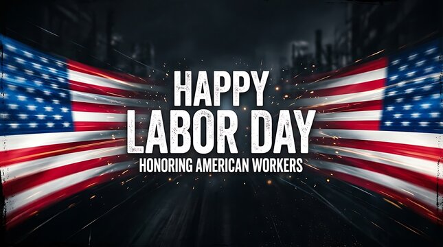 Happy labor day banner with american flags celebrating and honoring the hard work of the american people