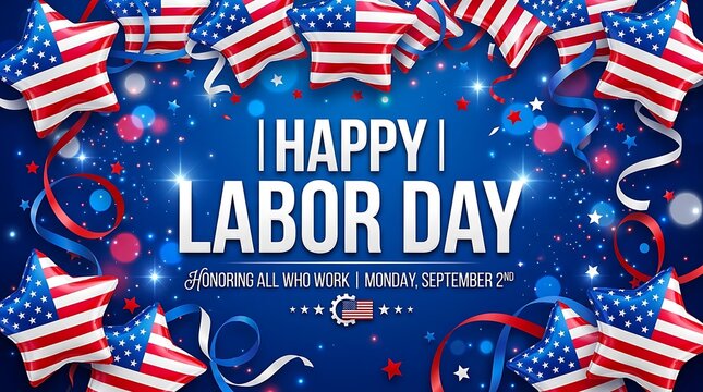 Happy labor day celebration background with american flag stars and festive confetti on a blue backdrop