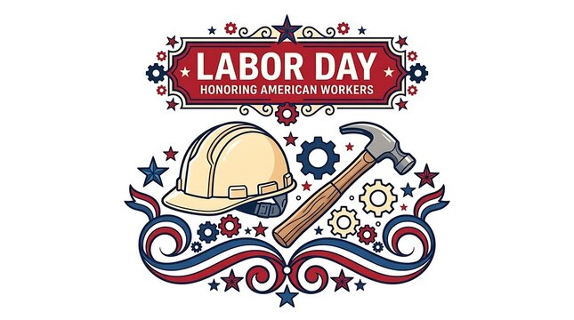 Vintage style labor day celebration graphic with construction hard hat and hammer on white background