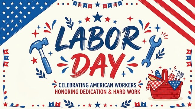 Festive labor day illustration with tools and patriotic american flag background