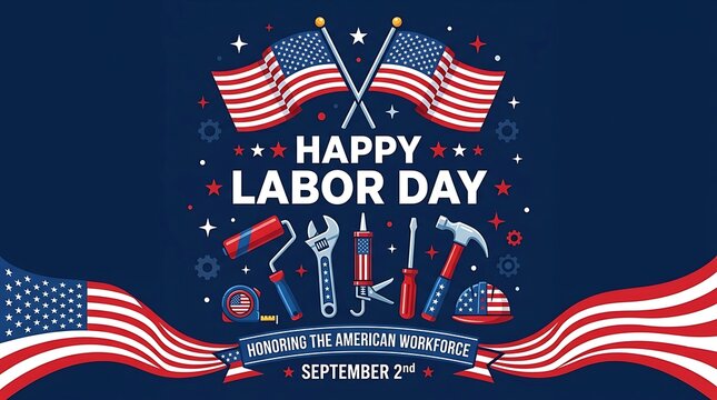Happy labor day patriotic illustration with american flags and various work tools