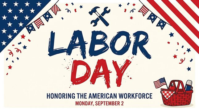 Festive labor day background with american flags and vintage work tools illustration