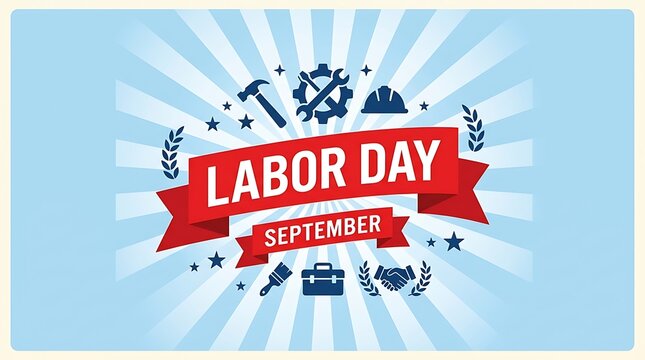 Vintage labor day banner with tools and patriotic sunburst background illustration