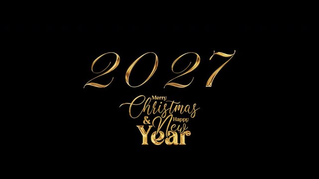 2027 Merry Christmas and Happy New Year golden text shine light effect animation on black abstract background. Includes isolated alpha channel for transparent compositing. Exported in Apple ProRes 444