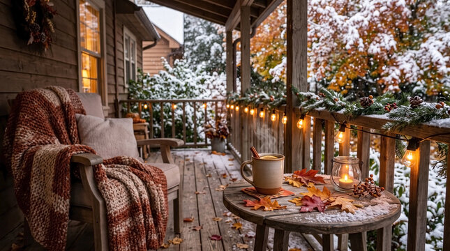 Warm Drink on Cozy Winter Porch Table with Snowy Autumn Decor, Festive Lights and Blanket for Lifestyle Blogs, Holiday Websites, and Seasonal Greeting Cards