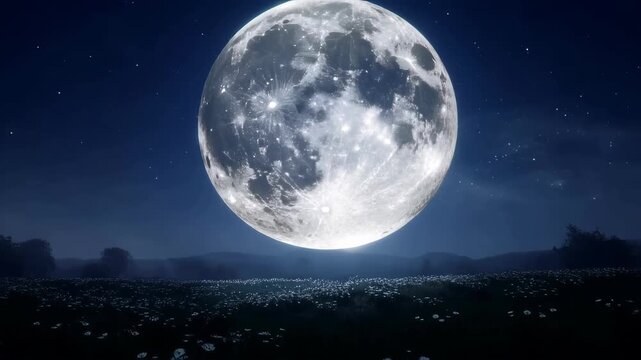 Full moon illuminating a serene night landscape with starry sky