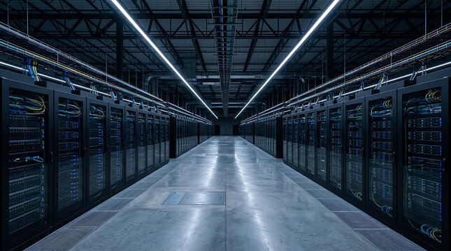 Symmetrical aisle between server racks in high tech data center with datacenter corridor technology hardware networking computing electronic