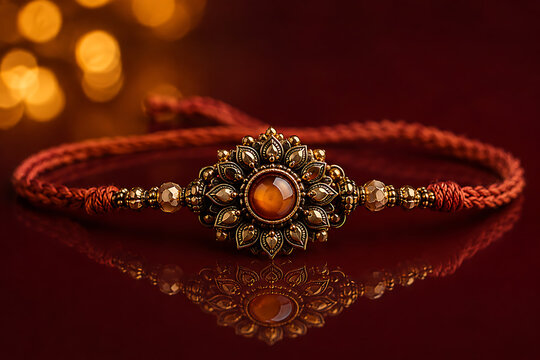 Close up shot of antique golden designer rakhi with warm glowing bead and reflection on dark shiny surface celebrating happy raksha bandhan