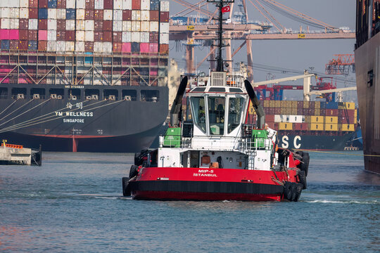 Mersin, Turkey - February 22, 2026: MIP-5 tugboat maneuvering near the YM Wellness container ship and gantry cranes at Mersin International Port (MIP).
