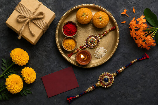 Traditional brass thali with sweets kumkum turmeric diya diya gift box and beautiful rakhi arranged for cultural happy raksha bandhan festive celebration