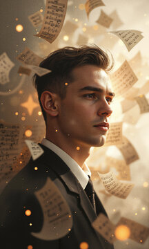 Composer musician portrait of a handsome man in suit surrounded by floating sheet music and magical glowing dust in studio