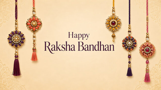 Five colorful hanging ornamental designer rakhi threads with silky tassels on elegant cream festive background suitable for happy raksha bandhan banner design