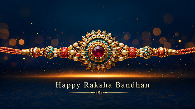 Premium happy raksha bandhan celebration image illustrating a stunning luxurious gold rakhi with red ruby center glowing over a magical dark background