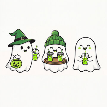 Cute ghosts drinking green iced beverages t shirt design