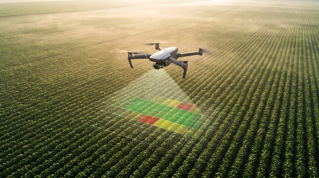 High-tech agricultural drone monitoring crop health with scanning technology over a vast green field for precision farming