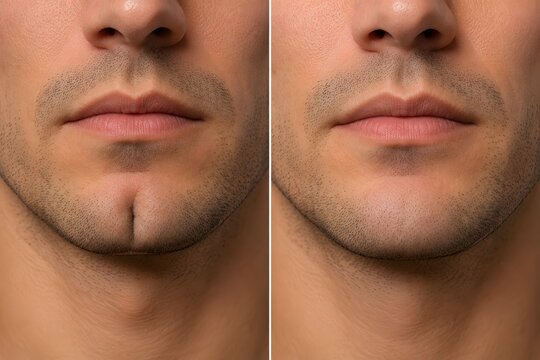 Men chin dimple removal before and after filler augmentation result. Male chin contouring and cleft chin smoothing comparison close up