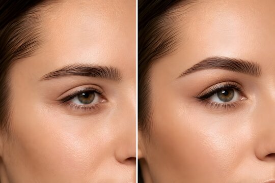 Fox eyes thread lift before and after cosmetic procedure result. Premium lateral brow lift and almond shape eyes comparison close up