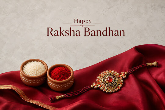 Auspicious happy raksha bandhan setup showing a beautiful decorative rakhi alongside small traditional earthen clay pots containing rice and red festive powder