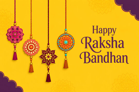 Bright happy raksha bandhan background displaying four decorative hanging paper craft style rakhi ornaments against a vibrant yellow space with purple corners