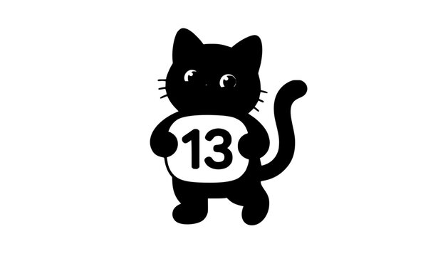 Black Cat Silhouette with Number Thirteen Halloween Symbol Vector Design