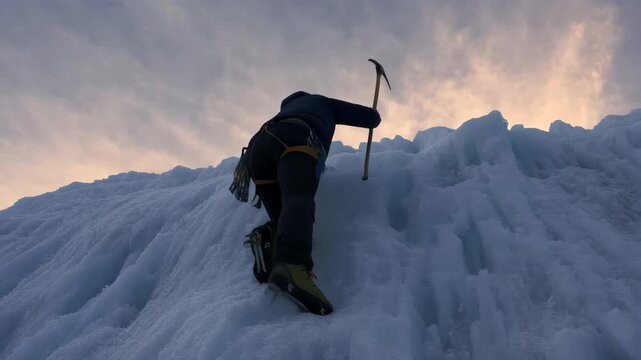 Climber ascending icy mountain slope at sunrise with ice axe