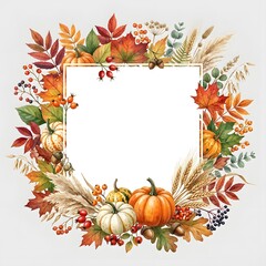 Fototapeta premium Autumn Thanksgiving floral frame with pumpkins and fall leaves watercolor illustration