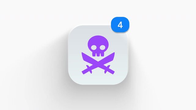 3D animated emblem icon of a human skull with crossed swords for pirate danger and war emblem. 