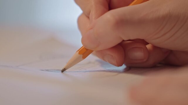 Close up of hand holding orange pencil and drawing lines on white paper. Continuous motion shows progression of sketching details. Soft indoor lighting focuses solely