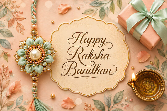 Elegant pearl rakhi paired with sweet gift box and glowing lamp on pastel floral background wishing everyone a very happy raksha bandhan