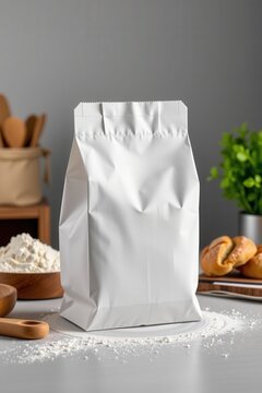 White flour bag sits on a clean surface
