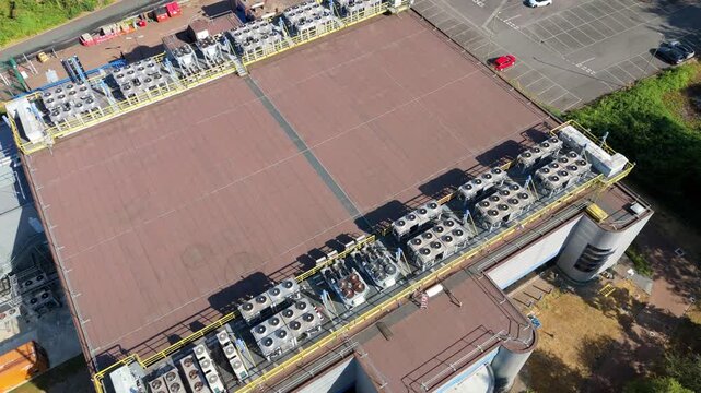 Aerial View of Andover Data Centre with Rows of Rooftop HVAC Ventilation and Cooling Units in the UK