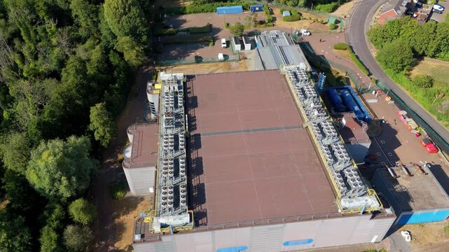 Aerial View of Andover Data Centre with Rows of Rooftop HVAC Ventilation and Cooling Units in the UK