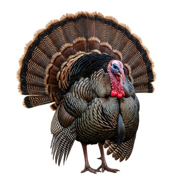 Male wild turkey with fanned tail feathers isolated on white background