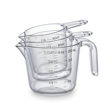 Set of clear plastic measuring cups isolated on white background for cooking and baking