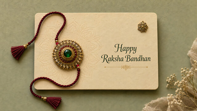 Elegant green gem rakhi on textured card with small flowers wishing happy raksha bandhan representing the eternal sibling bond of protection forever