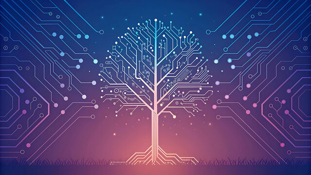 Digital tree made of circuit board lines representing technology and nature connection