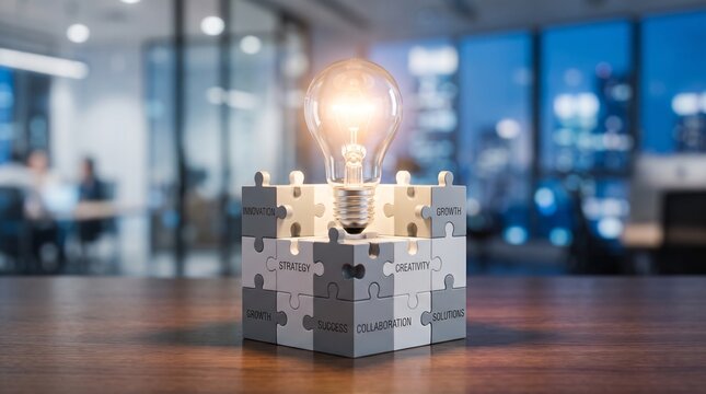 A glowing light bulb stands on a cube of puzzle pieces labeled with business terms like "Innovation," "Strategy," and "Growth," set against a blurred office backdrop.