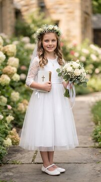 A young girl in a white communion dress and flower crown smiles sweetly, holding a bible and a bouquet of white roses in a garden setting, ready for her special day.