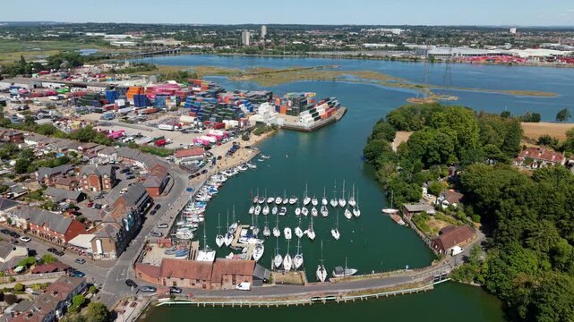 High Angle Aerial View of Yachts and Sailboats Moored in Historic Harbour in Eling UK