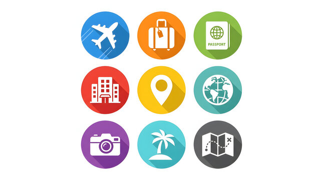 set of camera travel icons isolated on white background