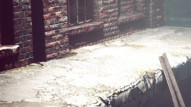 A concrete ledge is seen near a brick wall with water pooling nearby. The scene shows an urban area with light reflecting off the wet surfaces.