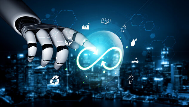 The concept of an AI driven circular economy for sustainable production and consumption. A global AI model for recycling and renewable energy. Motif