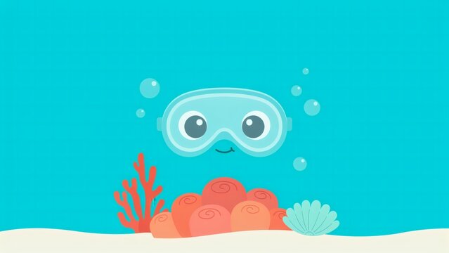 Cute underwater snorkeling mask floating above vibrant coral reef vector illustration for children summer theme designs