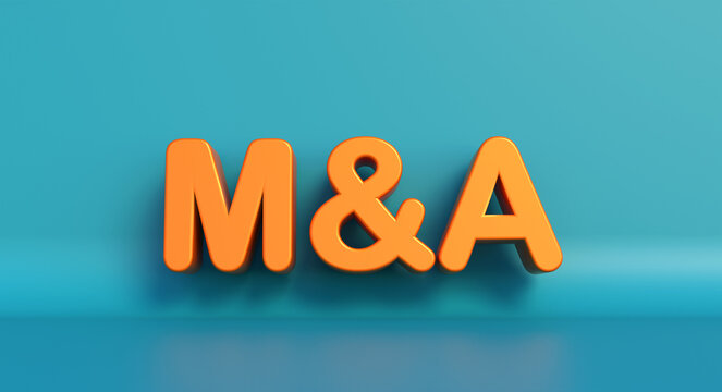 Mergers and acquisitions, financial deals, takeover. Business finance and industry, buy parts of company, control and purchasing shares or assets of a business.  Orange sign against blue background.