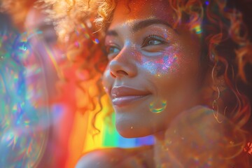 Obraz premium Close-up portrait of a happy woman with curly hair, illuminated by vibrant, colorful lights creating a dreamy and joyful atmosphere.