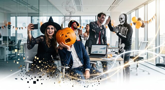 Halloween office party: laughing coworkers in costumes, witch taking a selfie and businessman with a carved pumpkin head