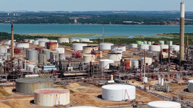 Aerial View of Oil and Gas Storage Silos at Large Petrochemical Refinery on UK South Coast