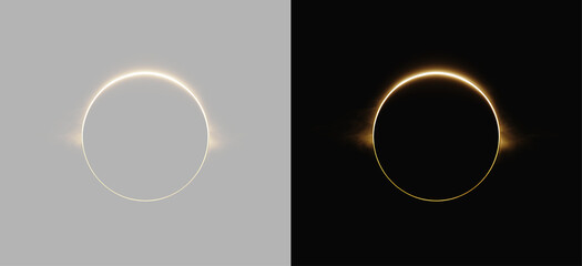 Golden Solar Eclipse Glowing Ring Total Eclipse Corona Light Flare Overlay Isolated on Grey and Black Backgrounds © Olga